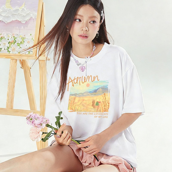 FONOW 여성반팔면티 가족티 트렌드 들판 풍년 프린트 슬랙스 여성티셔츠