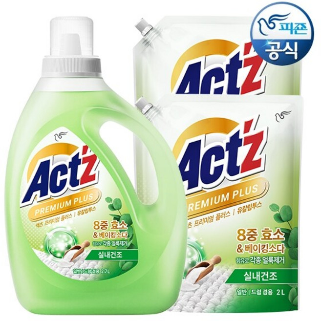 액츠 세탁세제 프리미엄플러스 유칼립투스 2.7L 용기+2L 리필 x 2개, 1세트, 6.7L