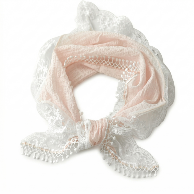 메리앤유 레이스 꽃방울 트리밍 쁘띠 미니 삼각 스카프 간편한 코디