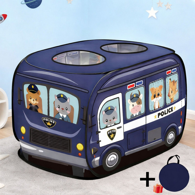 VELNIO 원터치 자동 펼침 텐트 경찰차 캐릭터 실내외 사용 접이식 하우스 휴대용 수납가방 포함, 짙은 남색, 1개