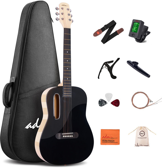 입문자용 38인치(약 97cm) 투톤 포크 기타 세트, 검은색, 1개