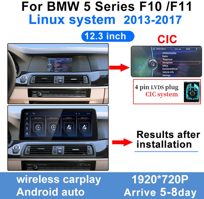 카플레이 모니터 공장 가격 BMW 시리즈 F10 F11 CIC NBT 무선 Carplay 안드로이드 자동차 멀티미디어 비디오 플레이어에 대한 12 인치 디스플레이 화면, Linux 12.3 inch CIC