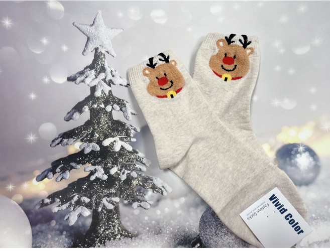 聖誕襪 聖誕交換禮物 情侶襪 聖誕老公公 雪人 中筒襪, 1個, 立體麋鹿奶茶