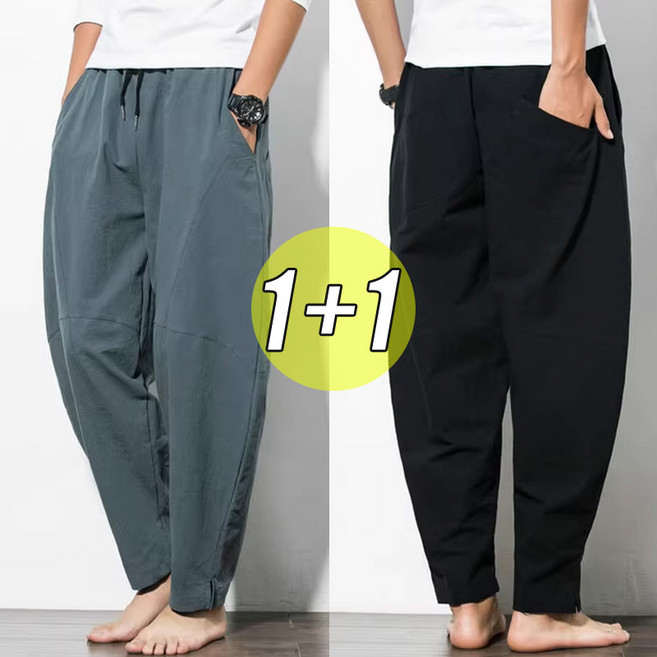 1+1 린넨 항아리 통바지 여름 9부 밴딩 팬츠 편한 남성바지