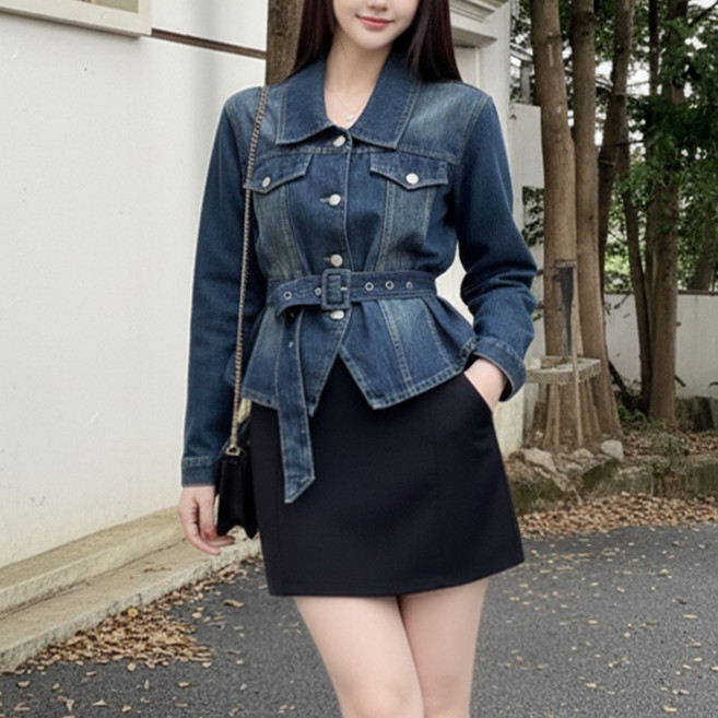 벨트 데님 청자켓 세미 크롭 여성 캐주얼 자켓