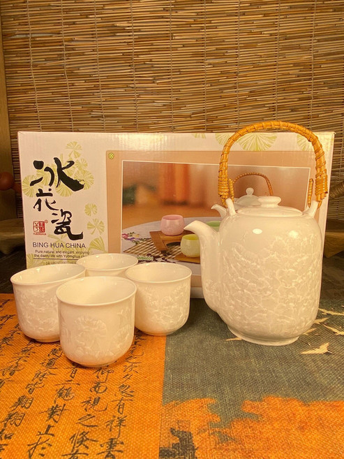 冰花瓷 提梁壺 手提 冰花壺 整套 茶具 送禮 套裝 高檔 陶瓷 泡茶壺 4人套裝, 如圖所示, 1個