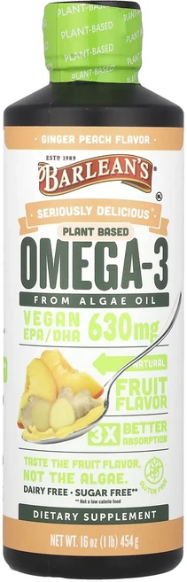 새해 첫좋은선물 Barlean's Seriously Delicious® 해조류 오일에서 추출한 식물성 오메가3 생강 복숭아 630mg 454g(16oz) 제대로 할인합니다, BarleansSeriouslyDelicious해조류오, 454g, 1개 - 쿠팡