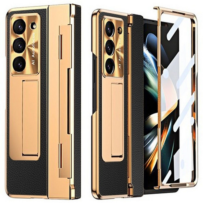 Elvo 갤럭시 Z폴드 7 6 5 4 케이스 힌지보호 도금 가죽 거치대 일체형 액정보호