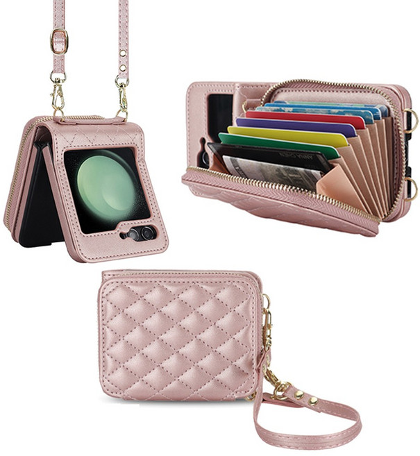 헤라우스점핑 고급형 숄더 스트랩 퀼팅 갤럭시 Z플립 지갑 케이스