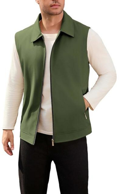 QTE 남성용 방풍 경량 골프 조끼 겉옷 포켓 소프트쉘 민소매 재킷 (Color-Army Green Size-Large)