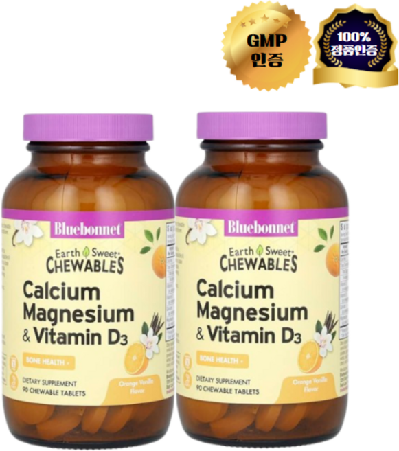 1+1 블루보넷 뉴트리션 칼슘 마그네슘 및 비타민D3 오렌지 바닐라 츄어블 정 90정, 2개