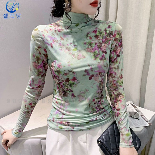 셀럽당 망사 폴라 이너 여 춘추 타이트 톱 플라워 프린트 긴팔 티셔츠