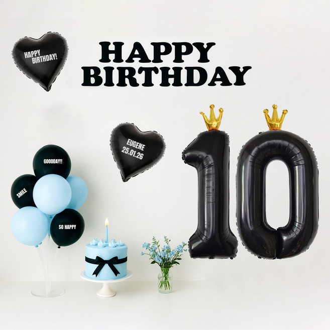 해피제이니 시크블랙 가랜드 대형 왕관숫자 풍선 생일 파티용품 세트 (자유레터링 시트지 3장), 1세트, 블루 블랙숫자10