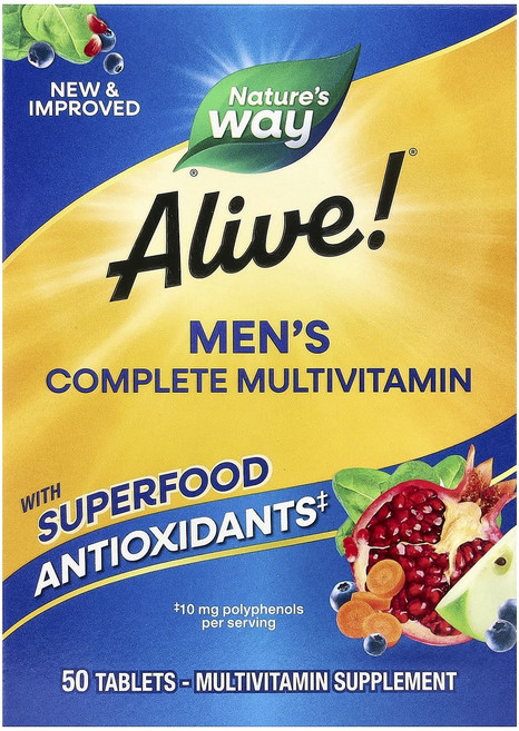 단백질 비타민 철분 마그내슘 칼슘 Nature's Way Alive! 남성용 에너지 컴플리트 종합비타민 50정 고루고루섭취해주세요, NaturesWayAlive남성용에너지컴플리트종합비타민, 1개
