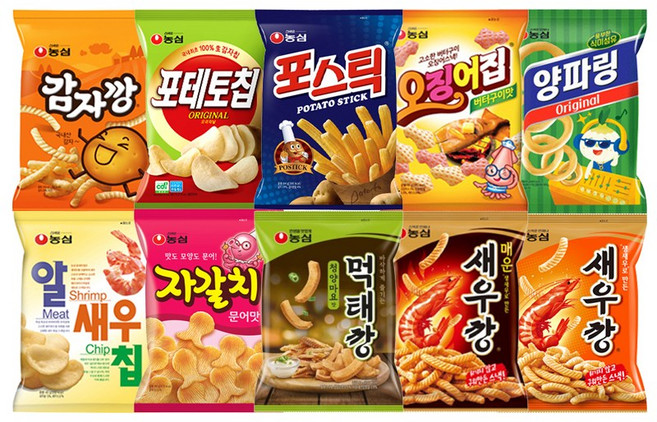 농심 과자 10종 세트, 1세트, 감자깡, 포테토칩, 포스틱, 양파링, 새우깡, 먹사, 청양마요, 먹태깡