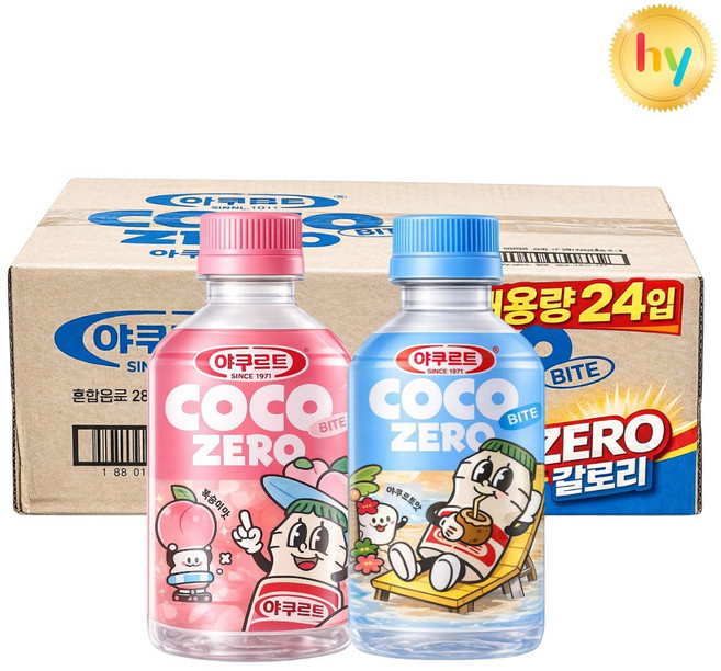 hy 코코바이트 제로 2가지맛 280ml(복숭아맛12+야쿠르트맛12) 총24입, 280ml