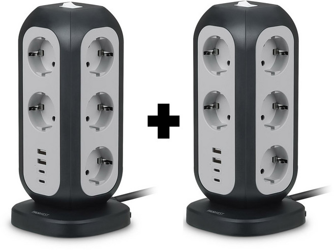 고용량 멀티탭 1+1 타워형 스탠드형 4000W 15구(USB-A타입 USB-C타입 포함), 1세트, 블랙, 2m