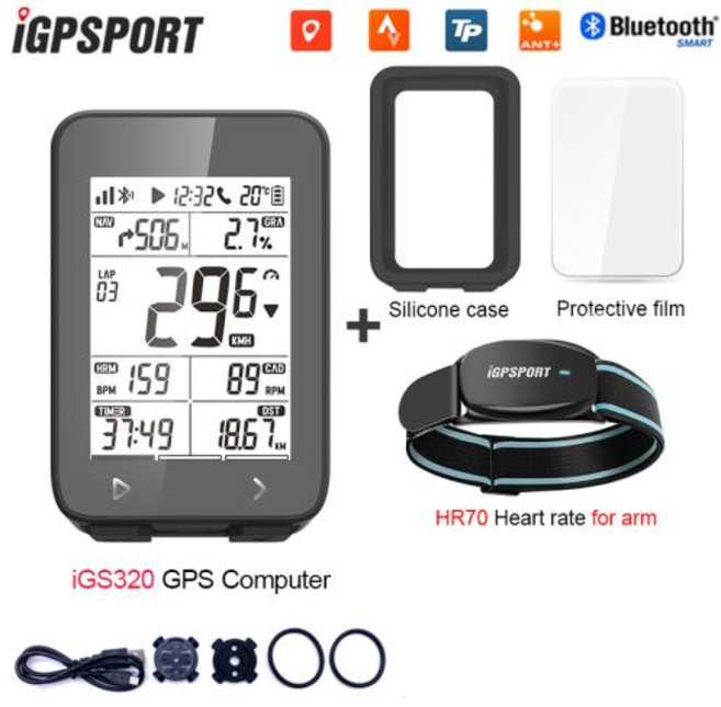 자전거 속도측정기 트립미터 속도계 IGPSPORT IGS320 사이클링 컴퓨터 IPX7 Bluetooth 5.0 ANT GPS 72H 배터리 수명 무선 스톱워치 Type-C, 9)with hr70 for arm, 1개