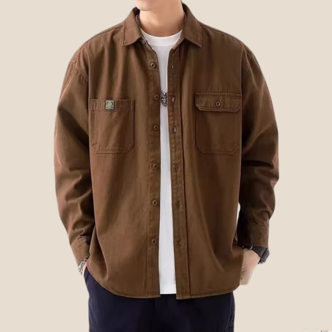 페이준 남성 빈티지 순면 긴팔 셔츠 상의 카라넥 캐주얼 카고남방 상의 2157C