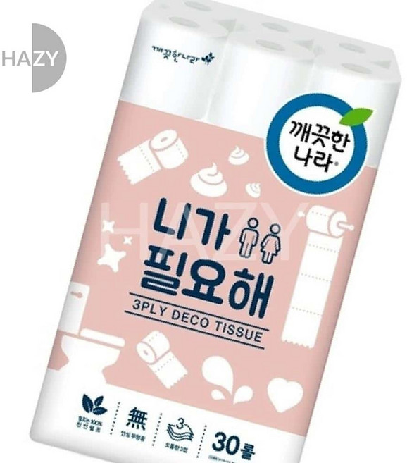 깨끗한나라 니가필요해 화장지 30롤 천연펄프 휴지 두루마리 무형광 무색 무향, 22m, 1세트