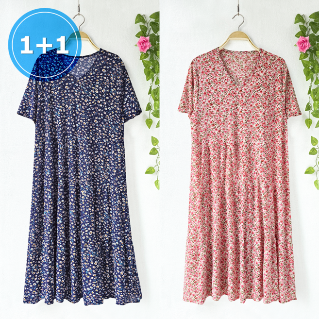 퀸즈몰 여성 여름 쿨 까실 캉캉 반팔 원피스 빅사이즈 잔꽃 사방스판 시원한 홈 꽃무늬 드레스 393