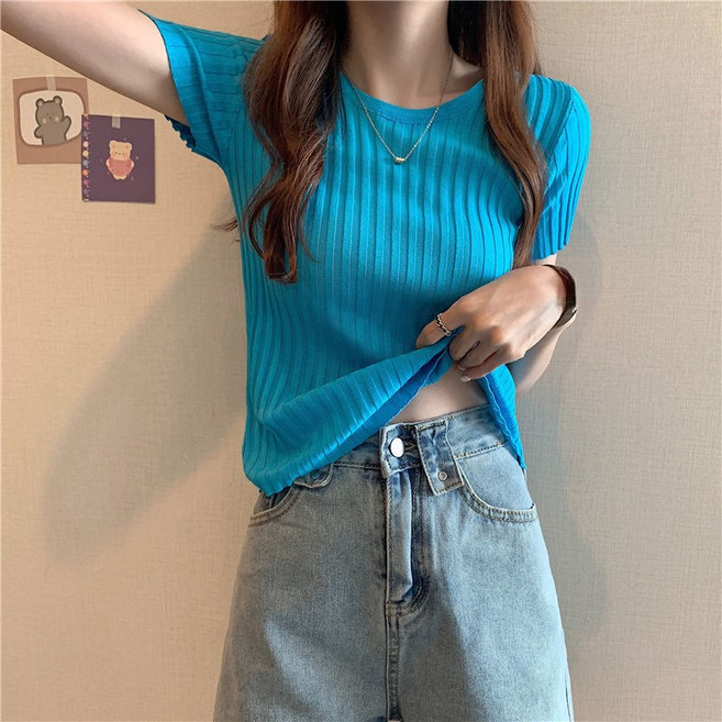 여름 아이스 실크 반팔 티셔츠 여성 슬림핏 날씬해 보이는 니트 얇은 상의 여성