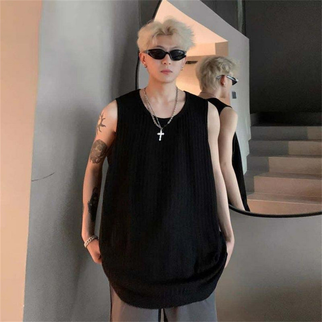 besteffie 남성용 와이드핏 슬리브리스 티셔츠 심플 캐주얼 루즈핏 여름 데일리 슬림 통기성 스트릿 스타일 탑