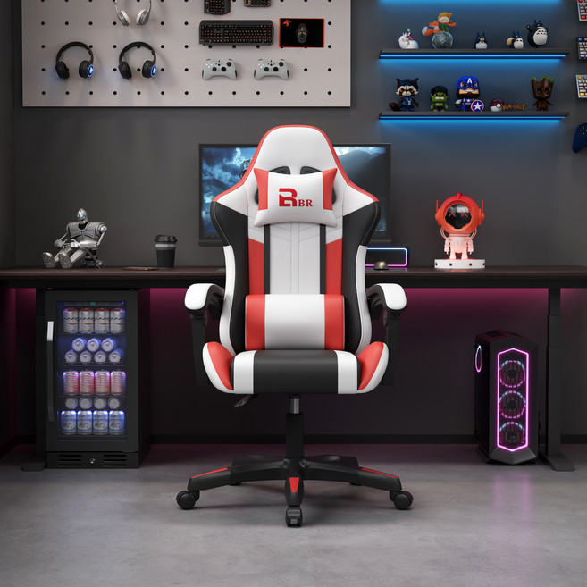 다기능 인체공학 게이밍의자 / 발판 포함 / 360도 회전 높이조절 / 장시간 사무 + 게임용, 빨간색+흰색