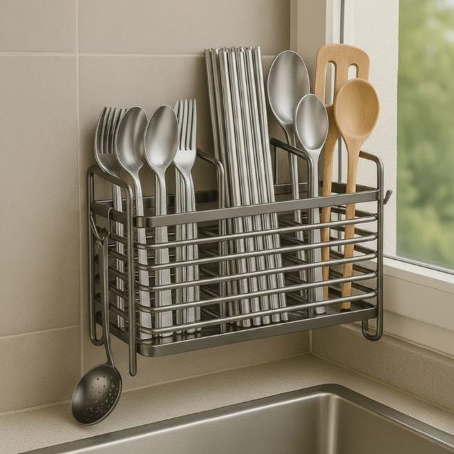 함자트 공간활용 걸이형 다용도 물빠짐 수저통, 1개, 건그레이