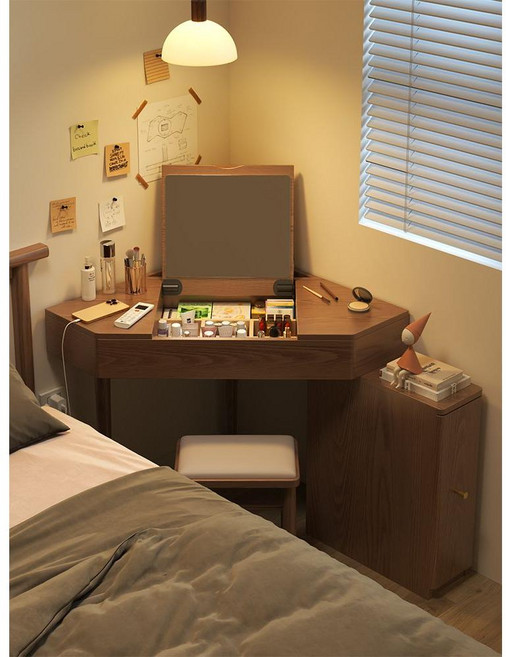 원목 코너화장대 침실 삼각 수납 화장대, (호두색) 코너 서랍장