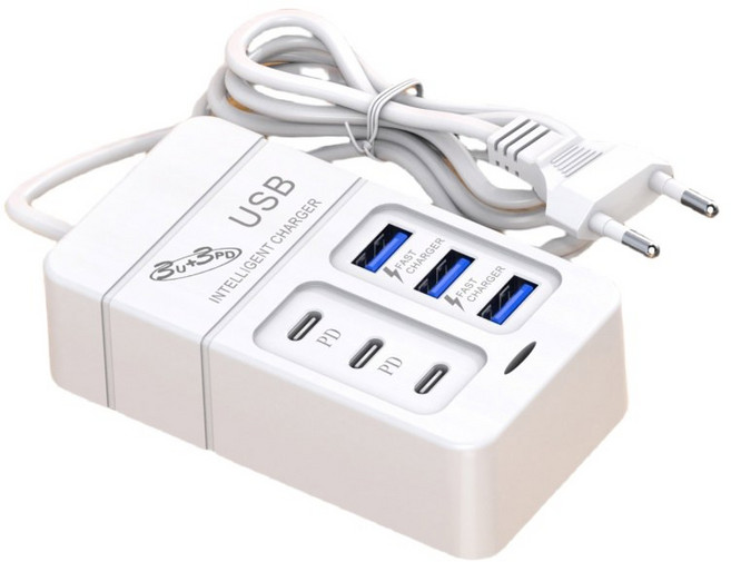 6-in-1 서지 보호기 6 콘센트 확장기(USB 3개 및 C형 포트 3개 포함) 전원 스트립 멀티 플러그 콘센트 가정용 벽면 어댑터 간격, 1개, EU