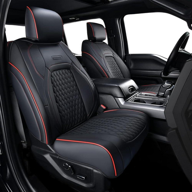 Coverado Ford F150 Seat Covers Full Set Gray Car Seat Covers Waterproof Faux Leather Full Coverag, 앞좌석, 레드 라인