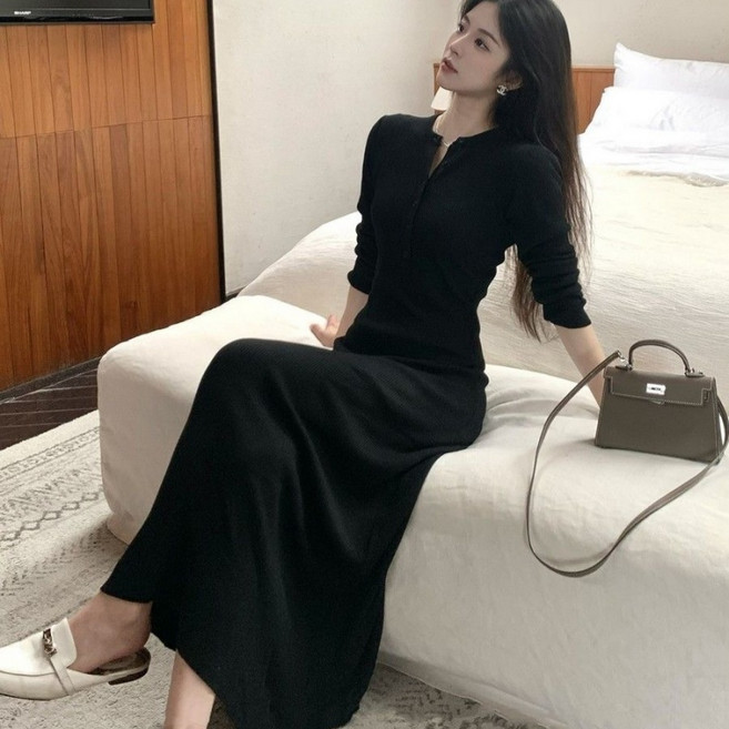 VIISHOW 여성 봄가을 블랙 긴팔 카라 단추 롱 원피스