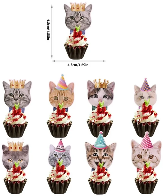 애완 동물 고양이 생일 파티 장식 종이 배너 플레이트 컵 케이크 토퍼 일회용 세트 어린이 테마 용품, 02 8pcs cake topper