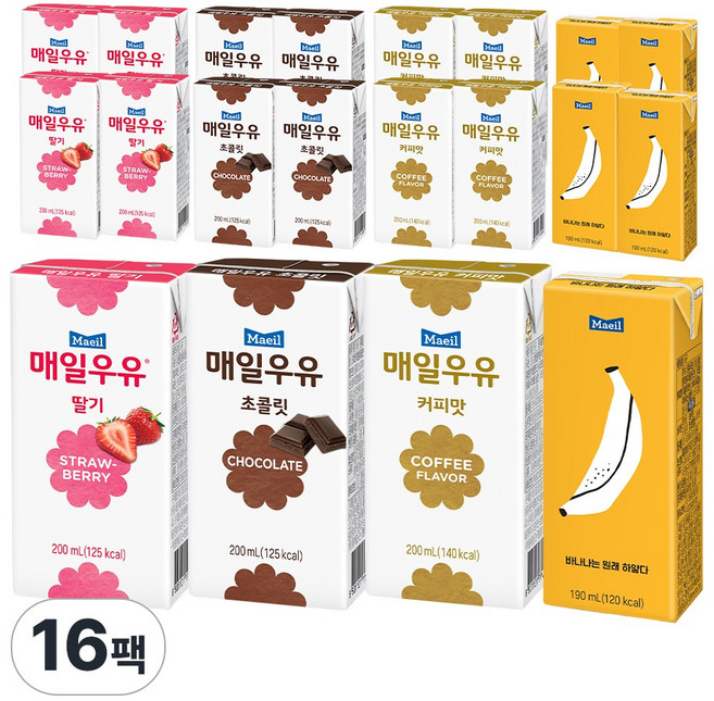 매일유업 매일우유 가공유 16팩(딸기4+초코4+커피4+바나나4), 200ml, 1세트