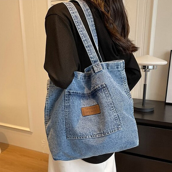 보니타콜렉티드 데일리 베이직 포켓패치 청 에코백 데님에코백 대학생가방