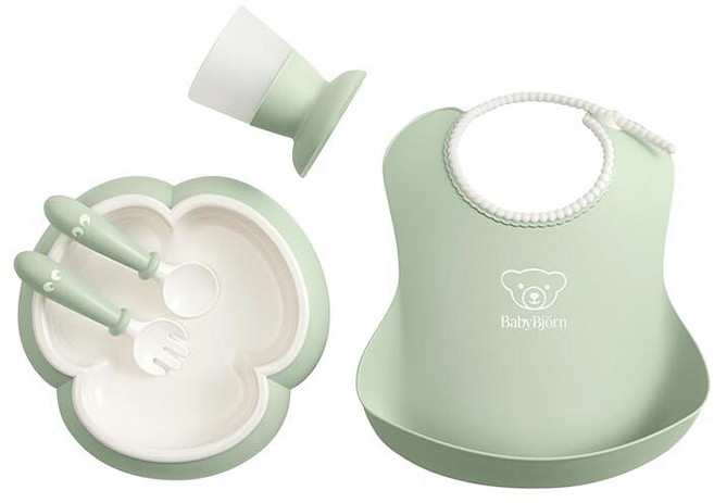BabyBjörn 베이비 디너 세트 5개 파우더 핑크 베이비 플레이트 베이비 포크 베이비 스푼 베이비 컵 포함 식기 세척기 사용 가능 자가 수유 또는 아기 주도, 파우더 그린