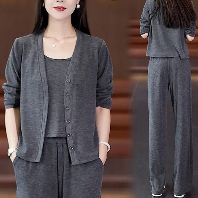 4xl까지 빅사이즈 심플 캐주얼 여성복 3종세트 봄가을 솔리드 브이넥 긴팔 가디건+끈나시티+와이드핏 일자 긴바지 중년 츄리닝복 3피스