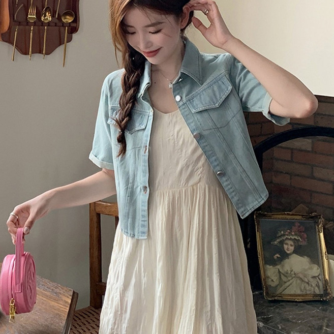 반팔 데님 여성 청 자켓 남방 숏 크롭 여름 캐주얼