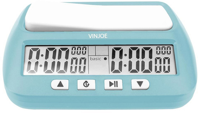 보드 게임용 VINJOE 체스 시계 디지털 체스 타이머 전문가 베이직 보너스 지연 및 포지티브 타임 기능을 갖춘 휴대용 디지털 체스 시계 및 게임 타이머 (블루), Blue Without Battery, 1개