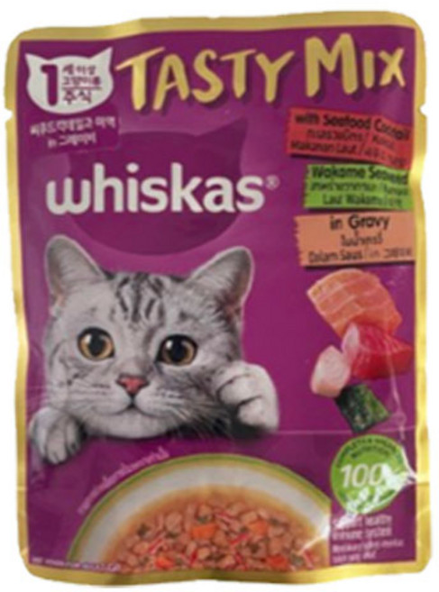 위스카스 파우치 80g 고양이 간식 씨푸드칵테일과미역, 연어, 1개