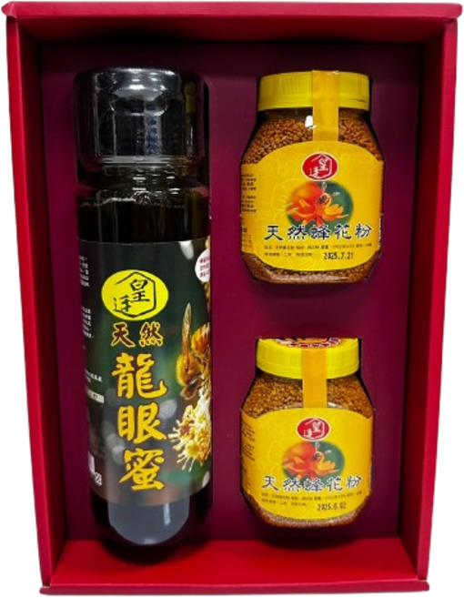 皇廷 頂級龍眼蜜1100g 蒲鹽花蜂花粉300g(2瓶) 蜂蜜花粉禮盒組, 1個