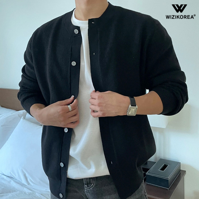 남성 크루넥 골지 니트 가디건 라운드넥 오버핏 봄 간절기 아우터 WI010G