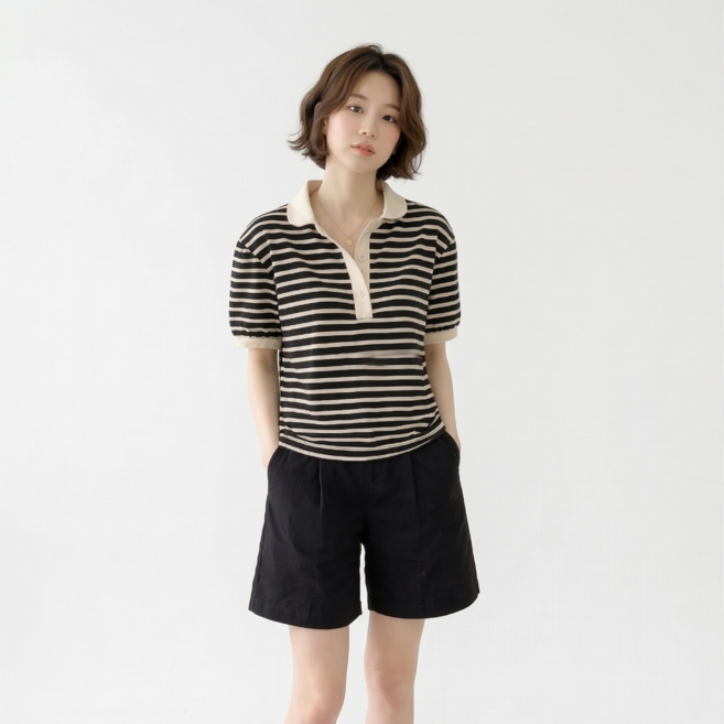 YEON HOME 여성 카라 스트라이프 반팔 티셔츠