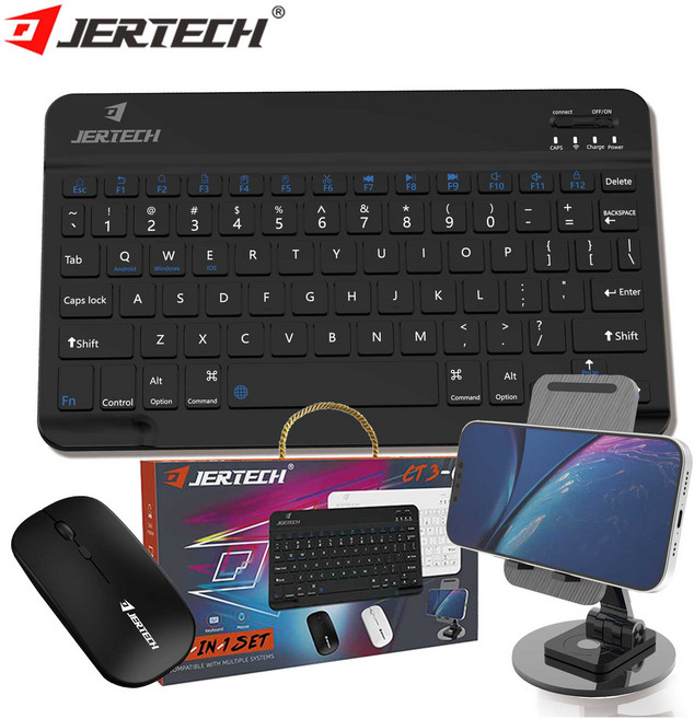 JERTECH 무선 키보드 + 마우스+휴대폰 거치대 세트 무소음 블루투스 연결 CT3-01, 일반형, 블랙