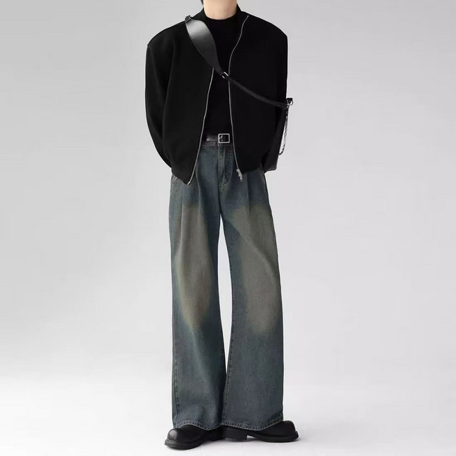 남자 워싱 처리 자연 주름 청바지 루즈 핏 드롭 핏 슬림 효과 바지