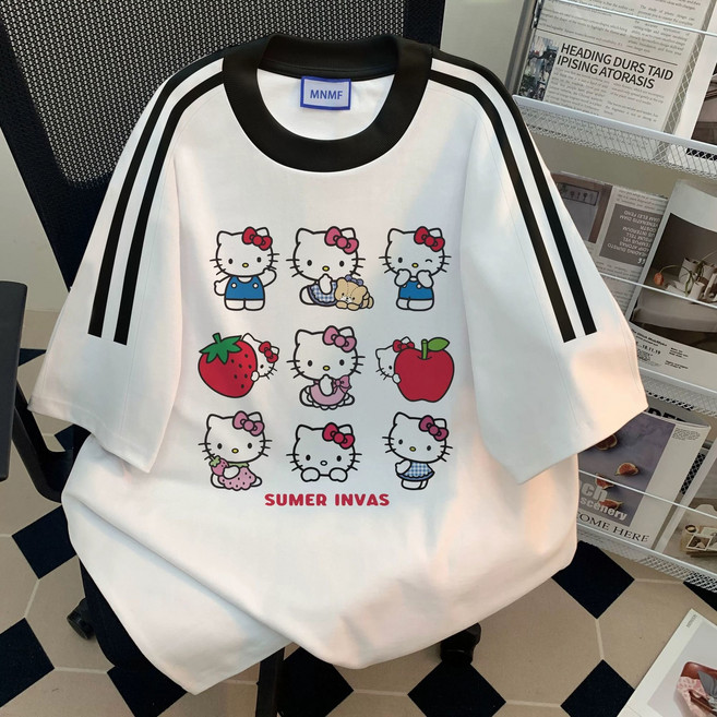 다나에 여름 헬로키티 순면 운동 티셔츠 루즈핏 라운드넥 상의 래글런 반팔티 +지아싱트레이드 머리끈