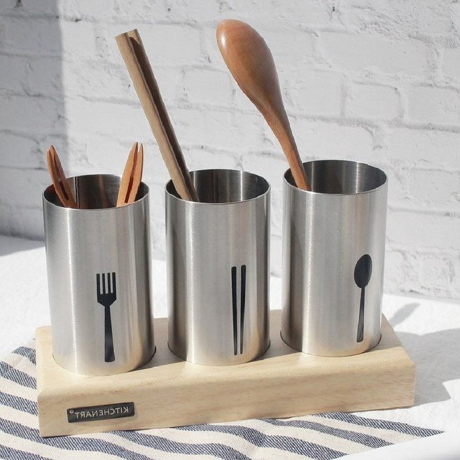 모던하우스 뚜껑 물빠짐 조리도구 원목 수저통 정리함, 스텐 원목 수저통 3구, 1개