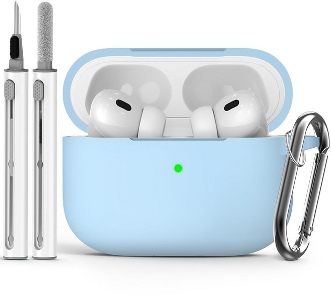 클리너 키트가있는 AirPods Pro 케이스 커버 용 애플 에어팟 프로 2 세대 여성용 소프트 실리콘 보호 케이스 에어팟 프로 2/프로 케이스 액세서리 키체인 포함, 하늘색, 1개