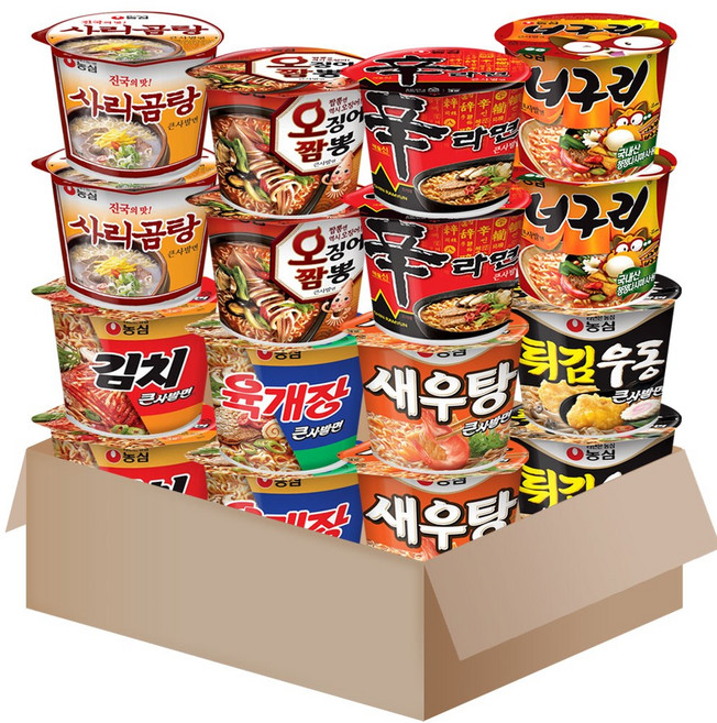 [간식팩토리]농심 신라면큰컵2+김치큰사발2+튀김우동큰컵2+오징어짬뽕큰컵2+너구리큰컵2+새우탕큰컵2+사리곰탕큰컵2+육개장큰사발2 총 16입, 1개